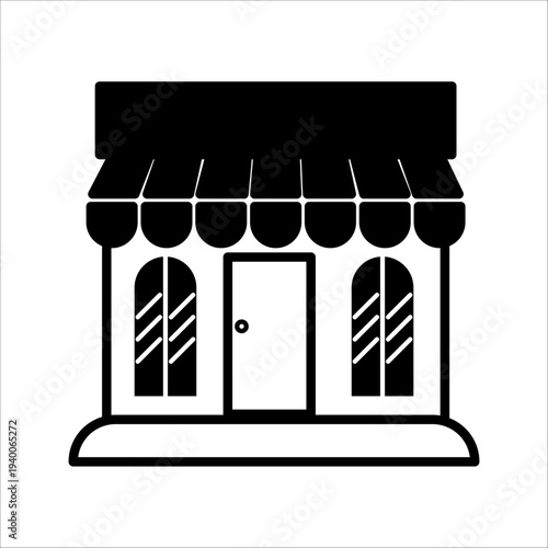 Local family business shop icon, traditional shopfront silhouette isolated on white background.