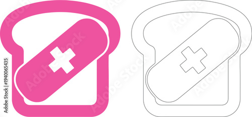 Pink bandage with cross on toast silhouette plaster