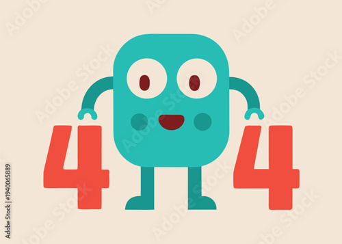 A teal square robot with large eyes holding two red number fours on a plain beige background for a 404 error concept.