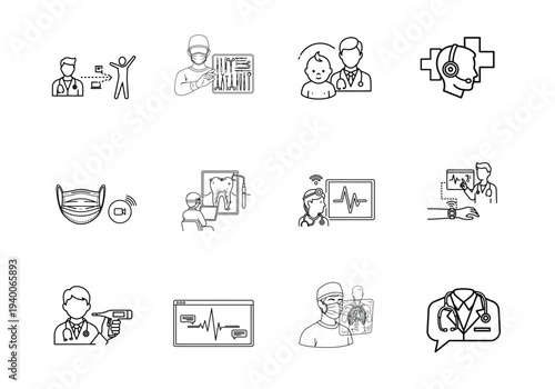 Set of medical icons illustrating telemedicine, dental care, pediatrics, and medical technology.