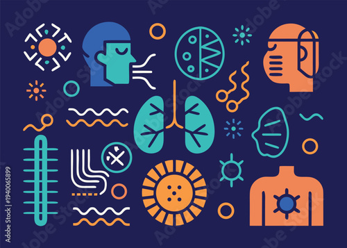 Respiratory system and medical icons including lungs and breathing heads rendered in teal and orange lines on a dark blue backdrop.