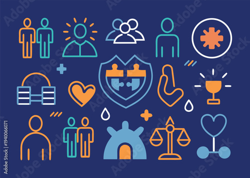 Orange and teal line icons representing human connections and diversity are arranged on a dark blue solid background for an inclusive workplace concept.