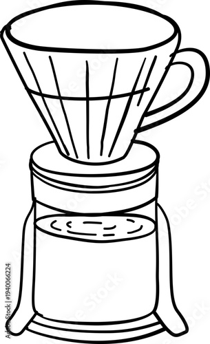 Hand drawn coffee shop elements and brewing equipment line art illustration