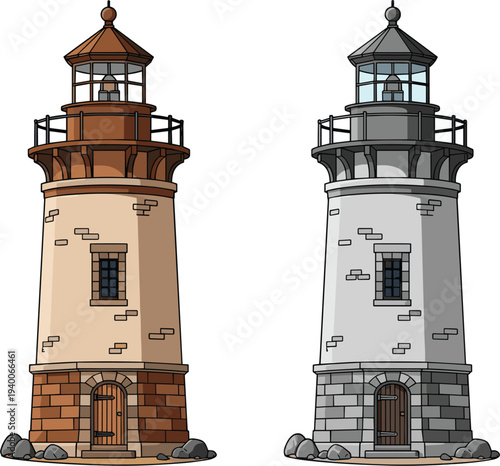 Traditional stone lighthouse building vector illustration set with detailed architectural elements isolated on white background for coastal nautical maritime travel and safety design themes.