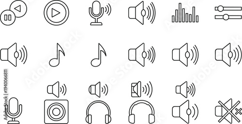 Audio and sound control line icons set with speaker microphone music volume and media player symbols