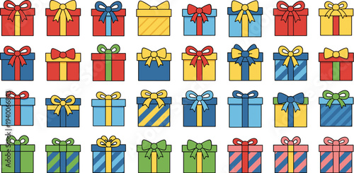 Colorful gift box collection with ribbon bows present packages for birthday Christmas celebration vector set