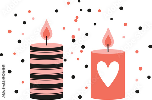 Decorative candles with heart design romantic candlelight celebration love and cozy atmosphere vector illustration