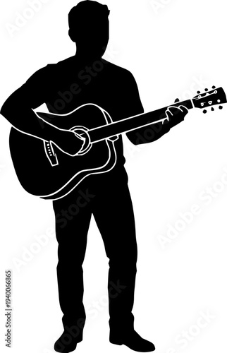 A black silhouette of a man playing an acoustic guitar on transparent background