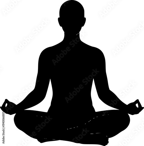 A black silhouette of a person meditating in a lotus position on transparent background