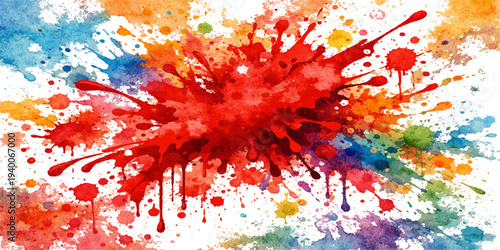 An artistic watercolor background featuring colorful paint splashes and ink splatters in a grunge vector pattern with liquid brush strokes and decorative texture elements