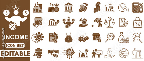 Income icon set. featuring money, tax, earnings, payment, accounting, paycheck, work, pension and more. Vector collection