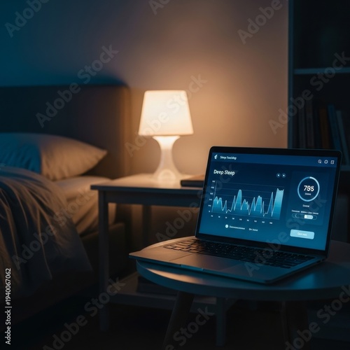 Laptop displaying data on bedside table at night
