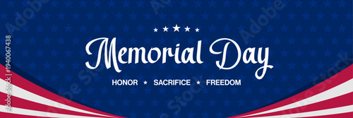 memorial day banner dark blue  with red white curved stripes  stars background
