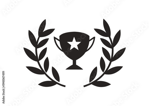 A black silhouette of a trophy cup featuring a central star is framed by two symmetrical laurel wreaths on a plain white background.