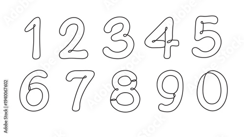 Numbers handwritten single line style with rounded shape and black outline on white background. featuring digits, counting, mathematics with