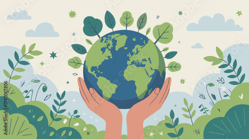 Earth day greeting card illustration with hands holding globe surrounded by leaves and greenery