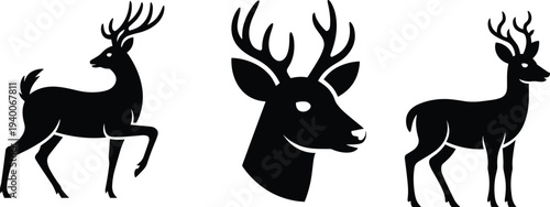 Black deer silhouette collection featuring stag head and full body icons, elegant wildlife vector shapes isolated on white, minimalist nature animal design set