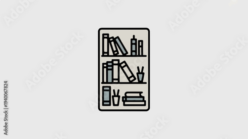 A clean vector illustration of a tall stack of books on a shelf with various book sizes and orientations