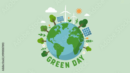 Green day environmental concept with earth surrounded by eco friendly symbols and solar panels on a green background