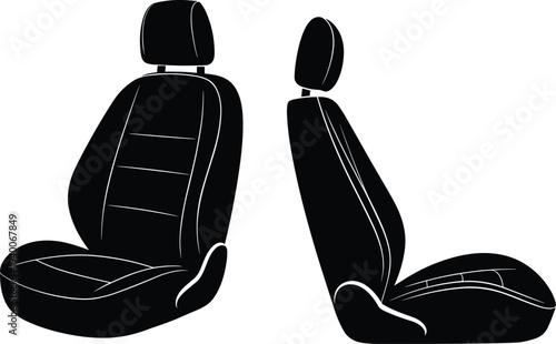 Car seat silhouette set showing front and side views isolated on white background, automotive interior seating icon design, simple black vehicle seat vector illustration