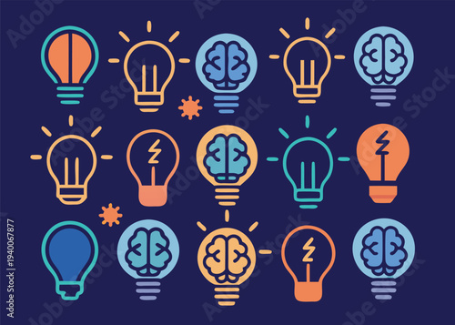 Fifteen light bulb icons with some featuring internal brain shapes are displayed in three rows against a solid dark navy blue background.