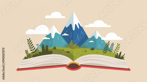 Fantasy world emerging from an open book with mountains and nature illustrated