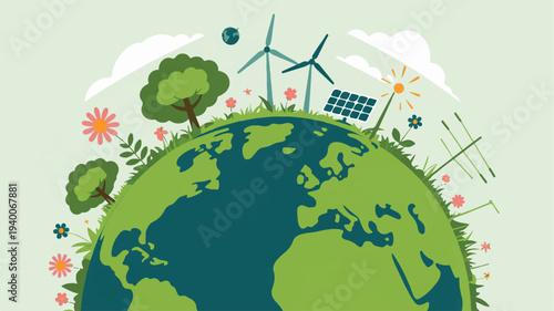 Green earth with renewable energy sources and lush vegetation symbolizing environmental sustainability and eco friendly technology