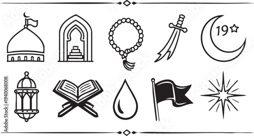 Collection of black and white line art icons representing various symbols associated with Islamic culture and tradition