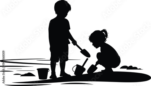 Children playing in sand silhouette isolated on white background, kids digging with shovel and bucket at beach or sandbox, happy childhood outdoor activity concept