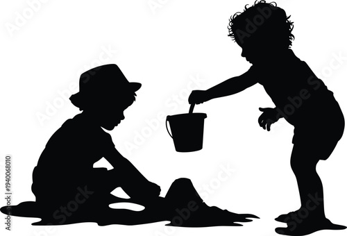 Children playing in sand silhouette with kids building sandcastle using bucket and shovel, happy childhood beach activity, playful outdoor moment isolated illustration