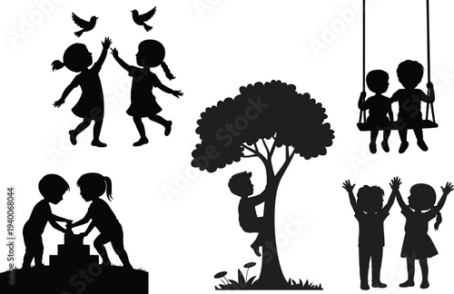 Children playing silhouettes collection isolated on white background, kids enjoying outdoor activities with birds, swings and tree climbing, happy childhood lifestyle concept