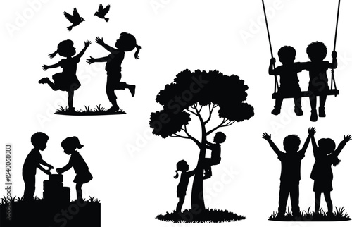 Children playing silhouette set with kids feeding birds, swinging, climbing tree, celebrating and teamwork activities in park, happy childhood outdoor illustration isolated