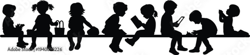Children sitting silhouette collection on bench with reading, playing and using tablet poses, kids black silhouettes isolated for education, school and childhood design
