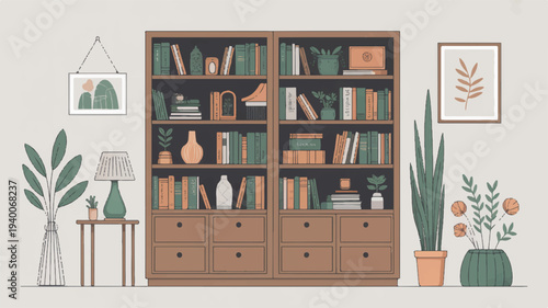 Detailed vector illustration of a modern home library with bookshelves plants and decorative items on a table against a beige background