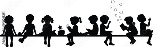Children sitting silhouette collection on bench with reading, playing and blowing bubbles poses, kids black silhouettes isolated for school, education and childhood design