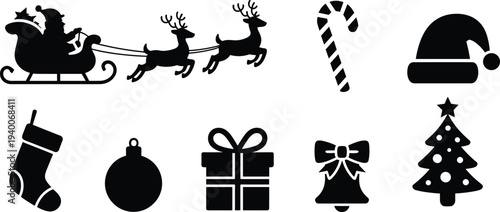Christmas silhouette icon set with Santa sleigh, reindeer, candy cane, gift box and holiday decorations isolated in black for festive winter design
