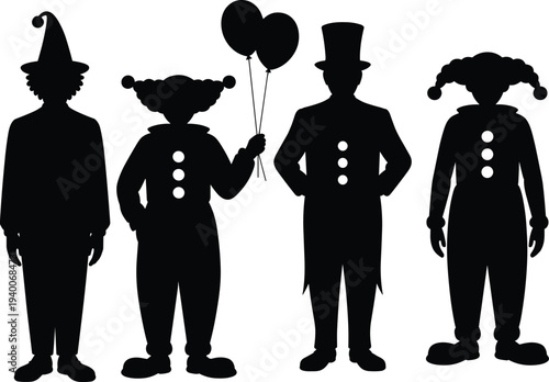 Circus clown silhouettes collection with balloons, funny hats and classic performer costumes, carnival entertainment characters isolated on white background for festival, party and show themes