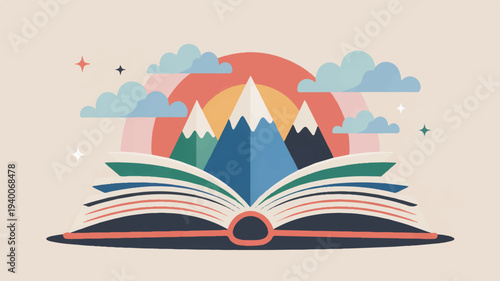 Whimsical vector illustration of an open book with mountains and sunset symbolizing adventure and knowledge