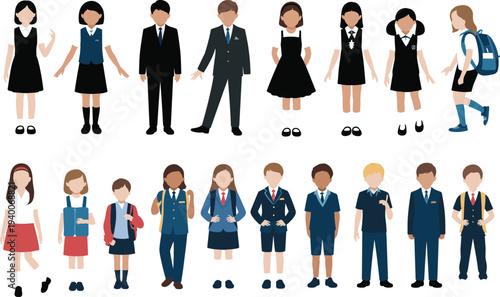 Collection of school children and students characters in different uniforms isolated on white background, education people vector set for school, learning and youth concept