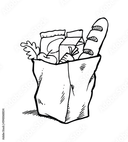 Grocery Paper bag with fresh food inside. Hand drawn vector illustration isolated. Market bag full of products. Shopping vegetables and fruits at the grocery store. 