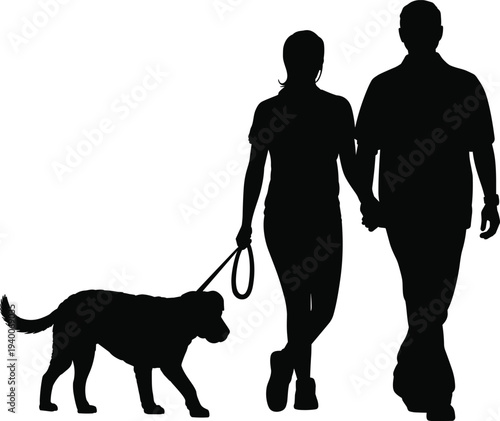 Couple walking dog silhouette isolated on white background, man and woman holding hands with pet on leash, lifestyle companionship and outdoor activity concept