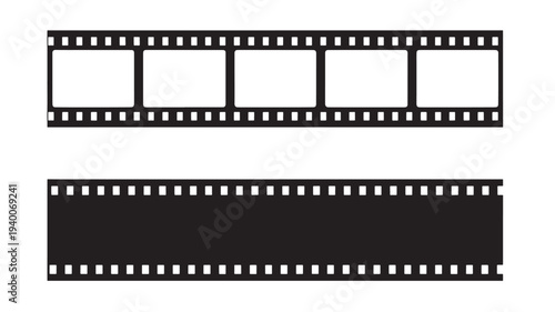 Film strip with perforated edges, one section showing frames and another solid black featuring cinema, movie, photography with vintage and retro