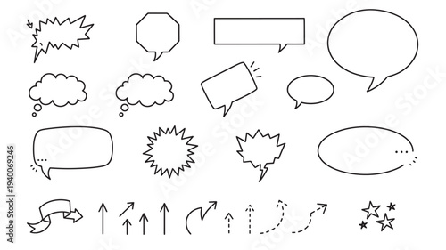 Speech bubble and arrow hand-drawn elements, featuring various shapes and expressive icons for comic design and communication.