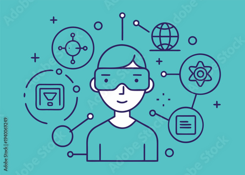 A central figure wearing a virtual reality headset is connected to various digital icons representing technology and data on a solid teal background.