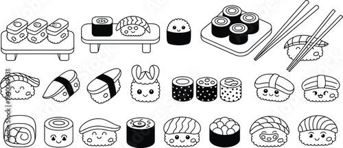 Cute kawaii sushi collection with chopsticks and sushi rolls, Japanese food cartoon line art illustration set for kids coloring pages and restaurant menu designs