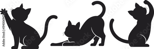 Cute playful cat silhouettes in stretching, sitting and pawing poses, adorable kitten characters isolated on white background for pet, animal and cartoon design themes