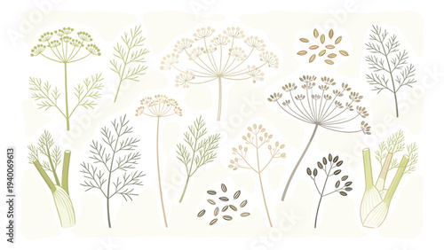 Diverse Plants, Flowers, Leaves, Stems in Minimalist Style with Muted Colors and Pale Yellow Background