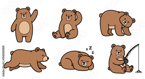 Cute Cartoon Bears in Various Poses Waving, Sitting, Sleeping, and Fishing