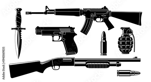 Collection of Various Firearms and Ammunition Types Represented in Black and White Illustration