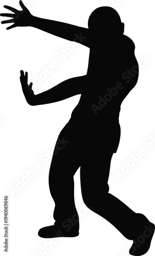 Dynamic black silhouette of street dancer performing hip hop move isolated on white background, expressive urban dance pose with dramatic motion and energyDynamic black silhouette of street dance